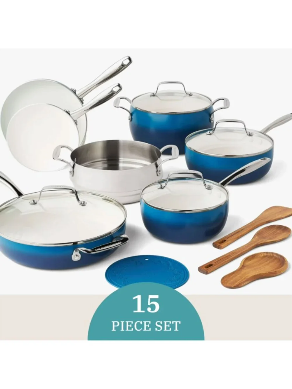 The Pioneer Woman Home Denim Blue Harlow 15-Piece Ceramic Nonstick Cookware Set